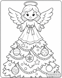 Angel Ornament Atop a Christmas Tree coloring page