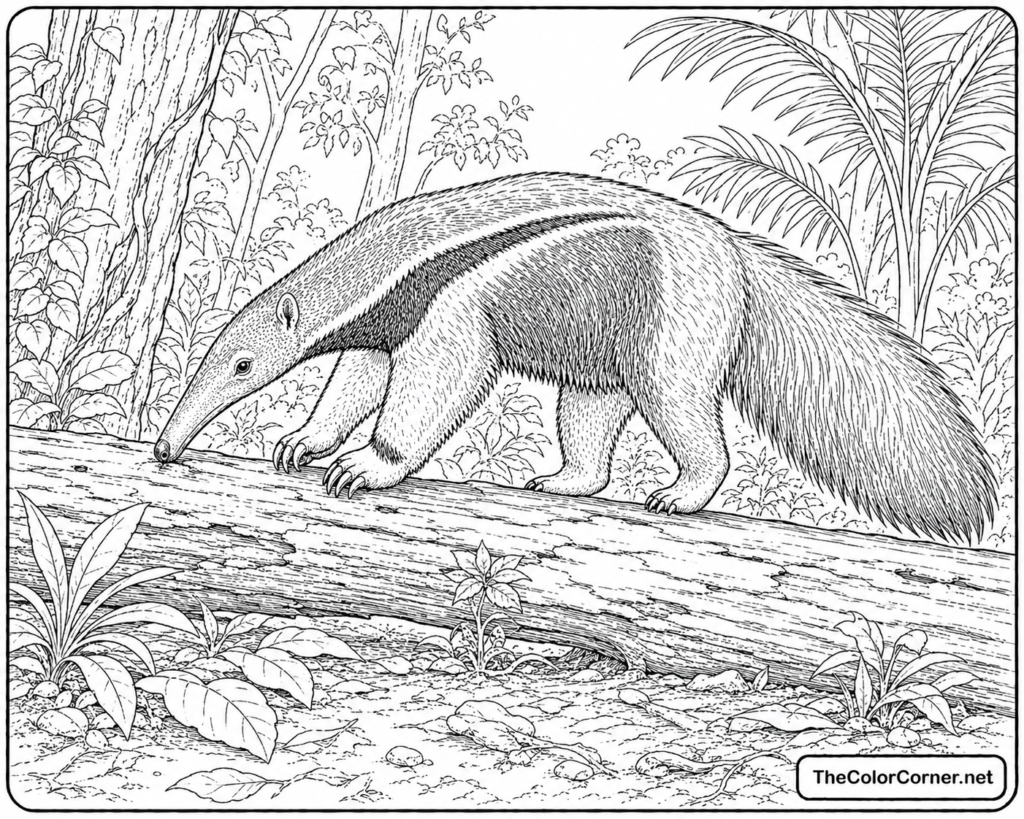 Anteater Sniffing Along A Fallen Log