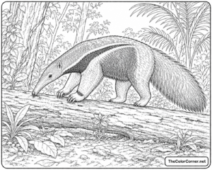 Anteater Sniffing Along A Fallen Log