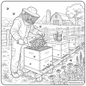 Beekeeper Tending Beehives On A Farm