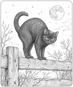 Black Cat Perched On A Fence At Night