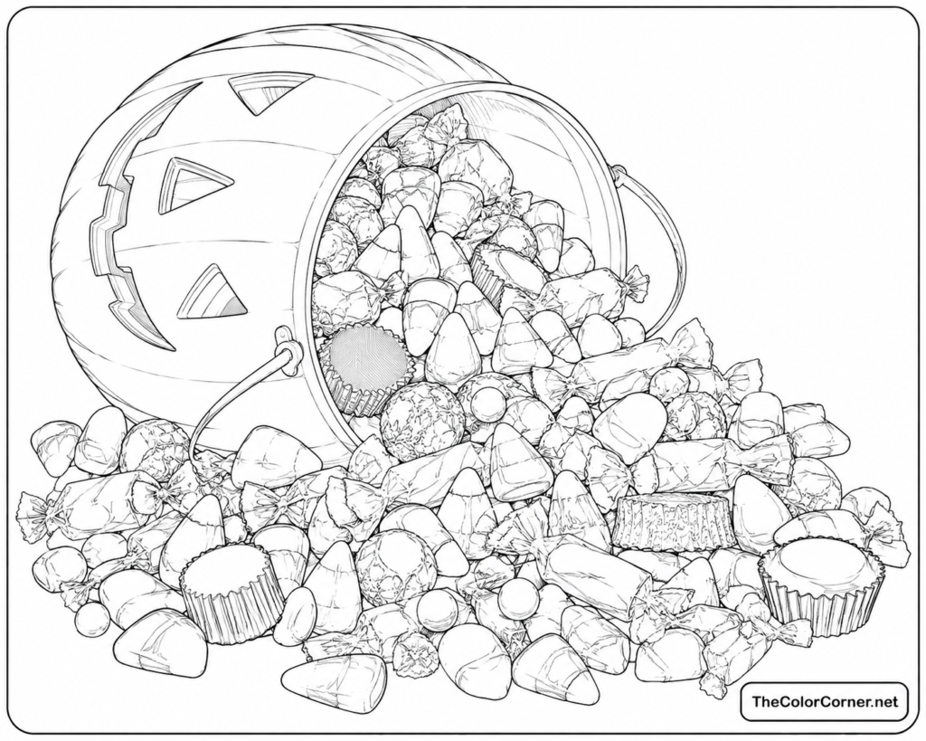 Candy Corn And Halloween Candy Spilling From A Bucket