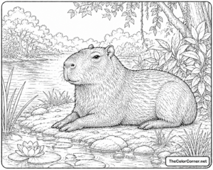 Capybara Relaxing By A Pond
