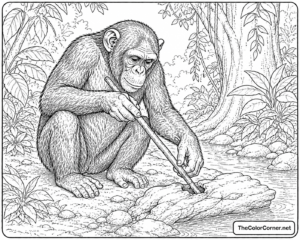 Chimpanzee Using A Stick As A Tool