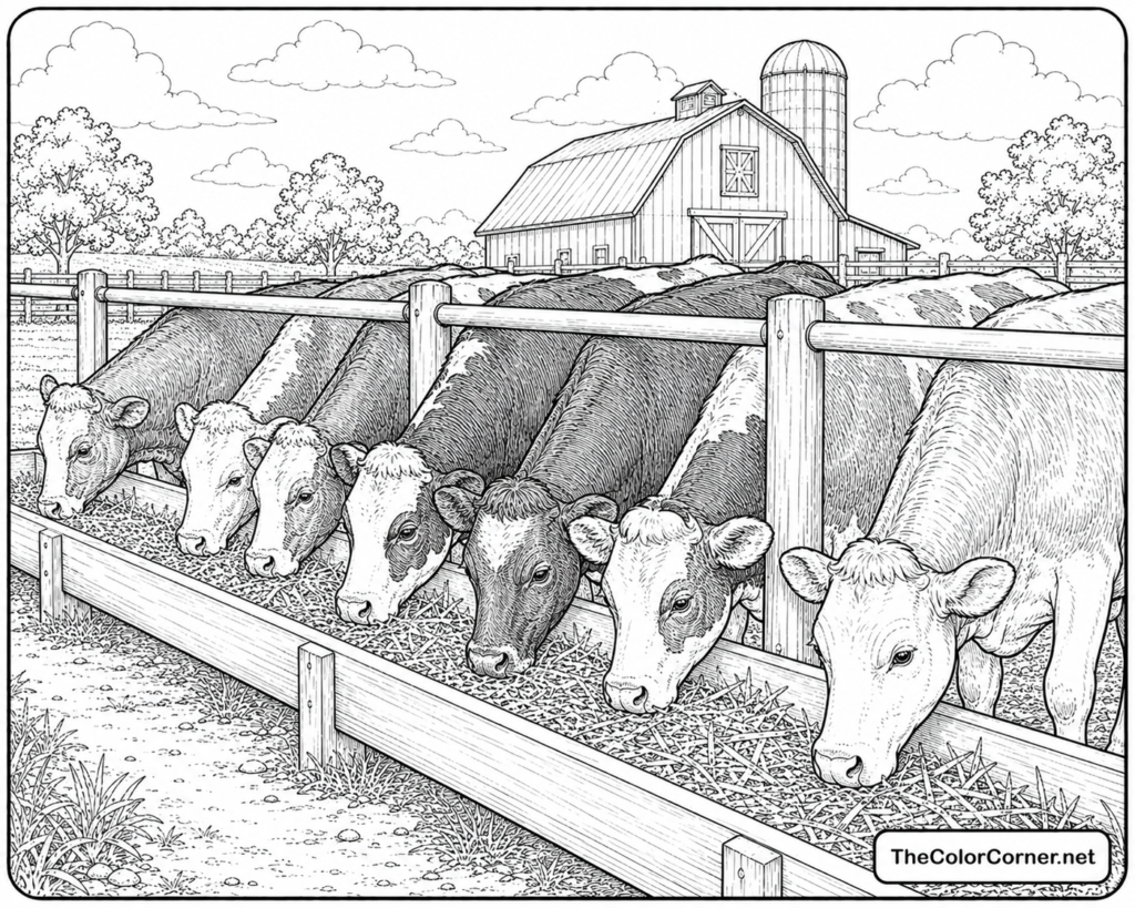 Cows Lined Up At A Feeding Trough