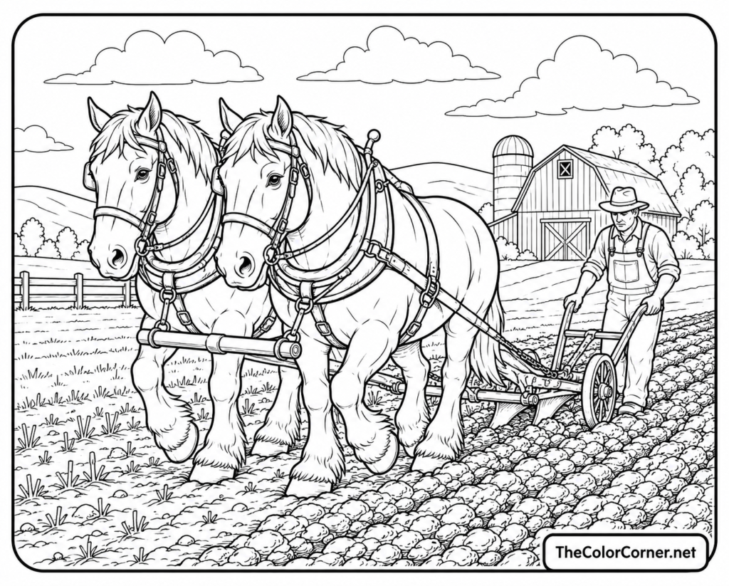 Draft Horses Plowing A Field