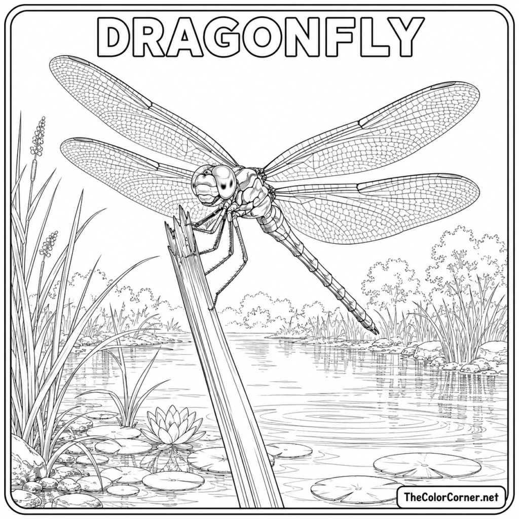 Dragonfly On A Reed By A Pond