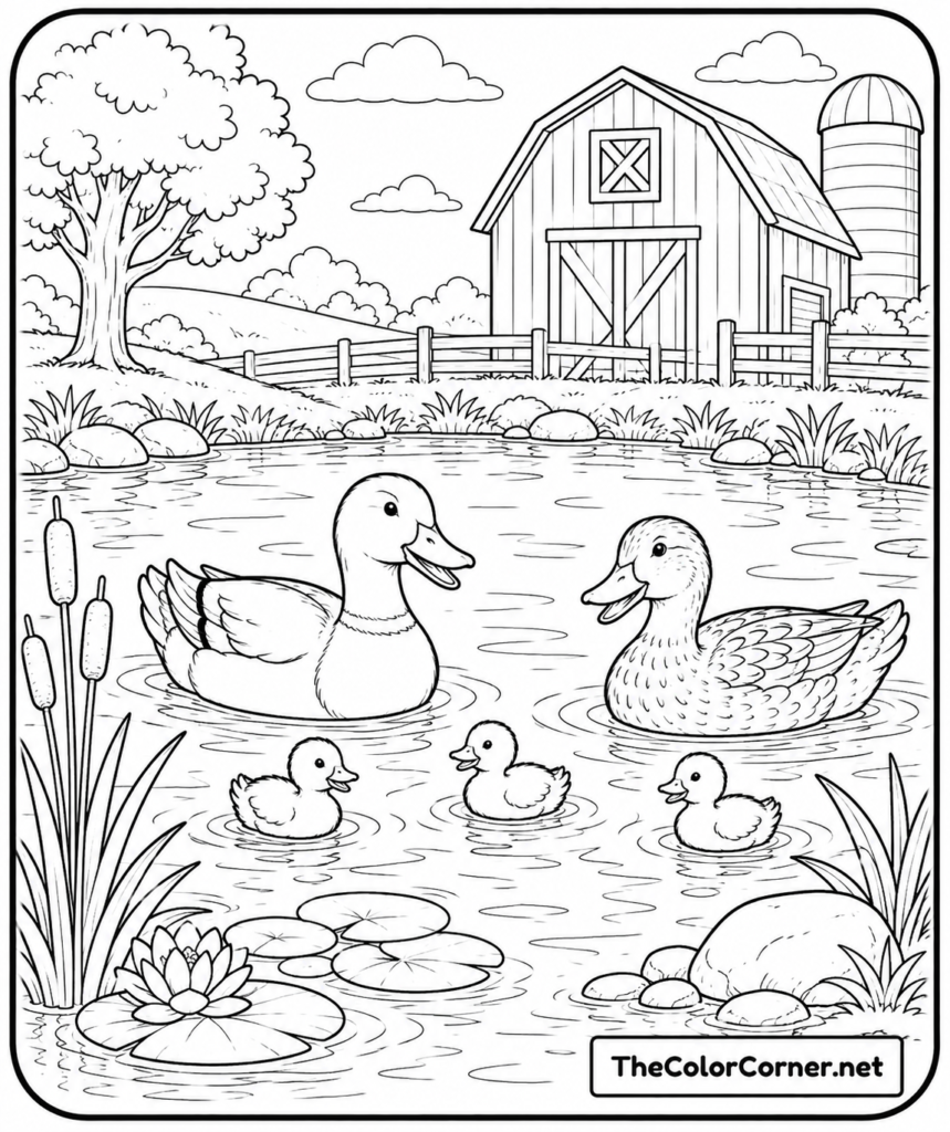Duck Family Swimming In A Pond