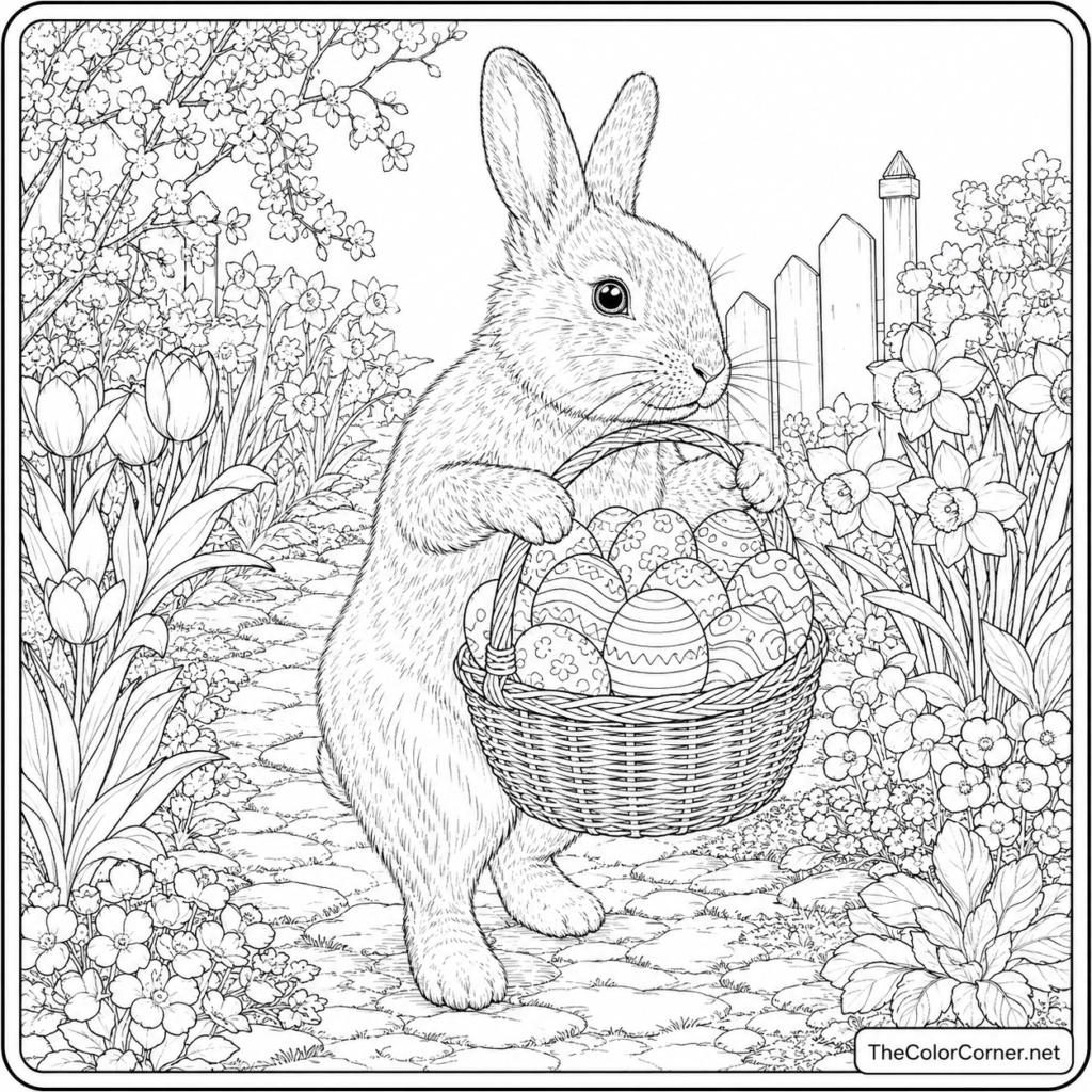 Easter Bunny Carrying A Basket Of Decorated Eggs