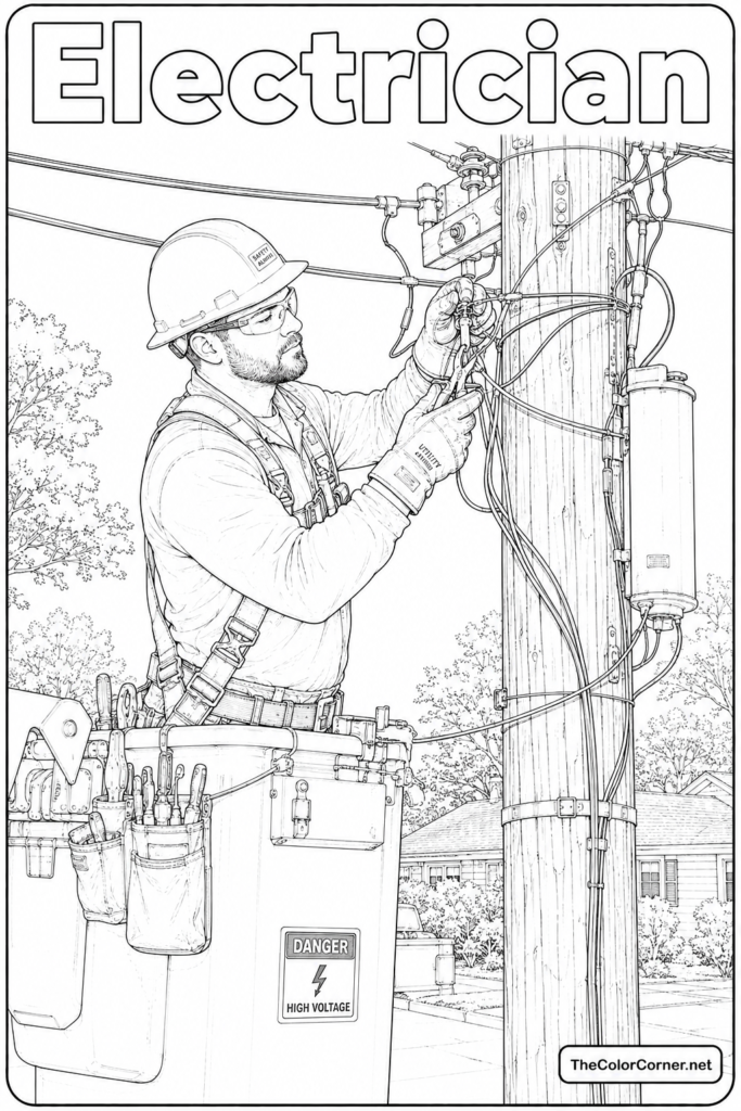 Electrician Fixing Wiring On A Utility Pole