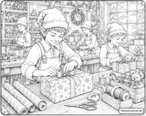 Elves Wrapping Presents In Santas Workshop