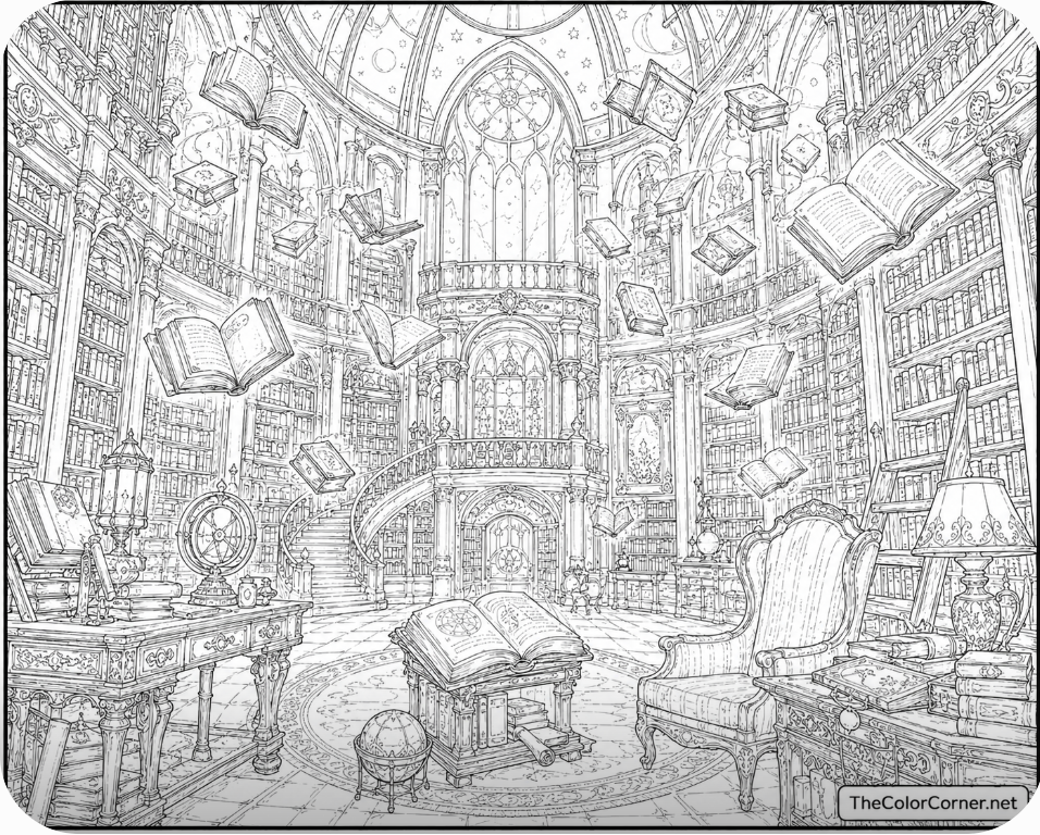 Enchanted Library With Floating Books