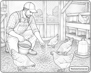 Farmer Feeding Chickens In A Coop