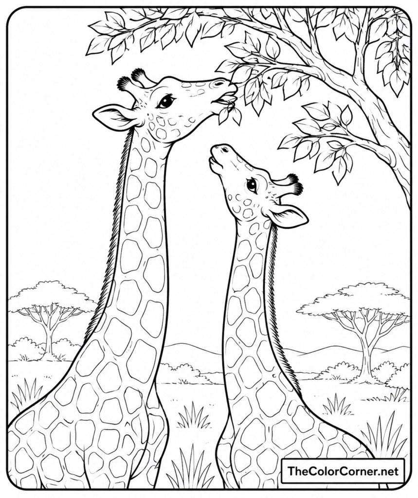 Giraffes Reaching For Leaves