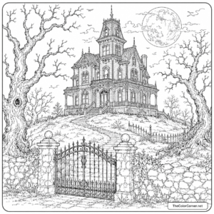 Haunted House On A Hill Under A Full Moon