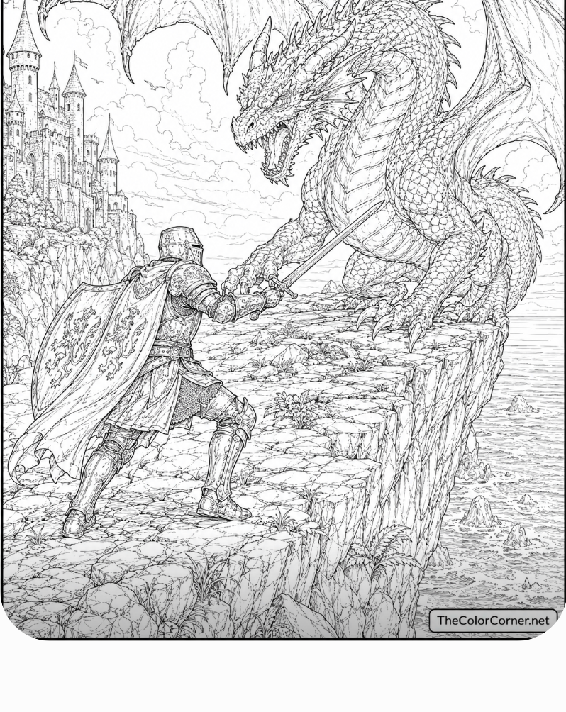 Knight Battling a Dragon on a Cliffside coloring page