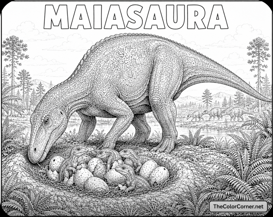 Maiasaura Nesting With Hatchlings