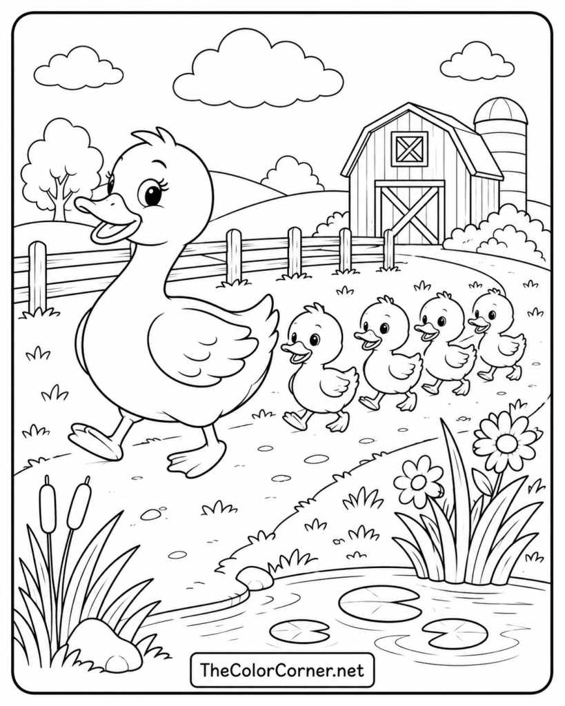 Mother Duck And Ducklings Walking