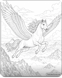 Pegasus Flying Over Misty Mountains