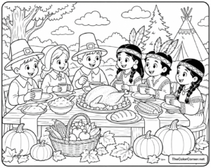 Pilgrims And Native Americans Sharing The First Thanksgiving Feast