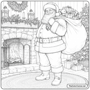 Santa Claus By The Fireplace With A Sack Of Gifts