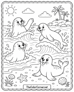 Sea Lions Playing In Surf