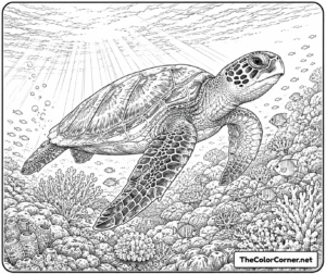 Sea Turtle Gliding Over A Reef