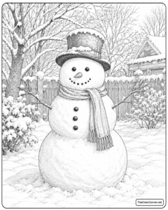 Snowman With A Scarf And Top Hat In A Snowy Yard
