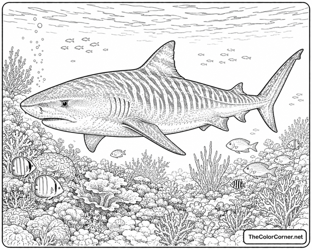 Tiger Shark Cruising Along A Reef