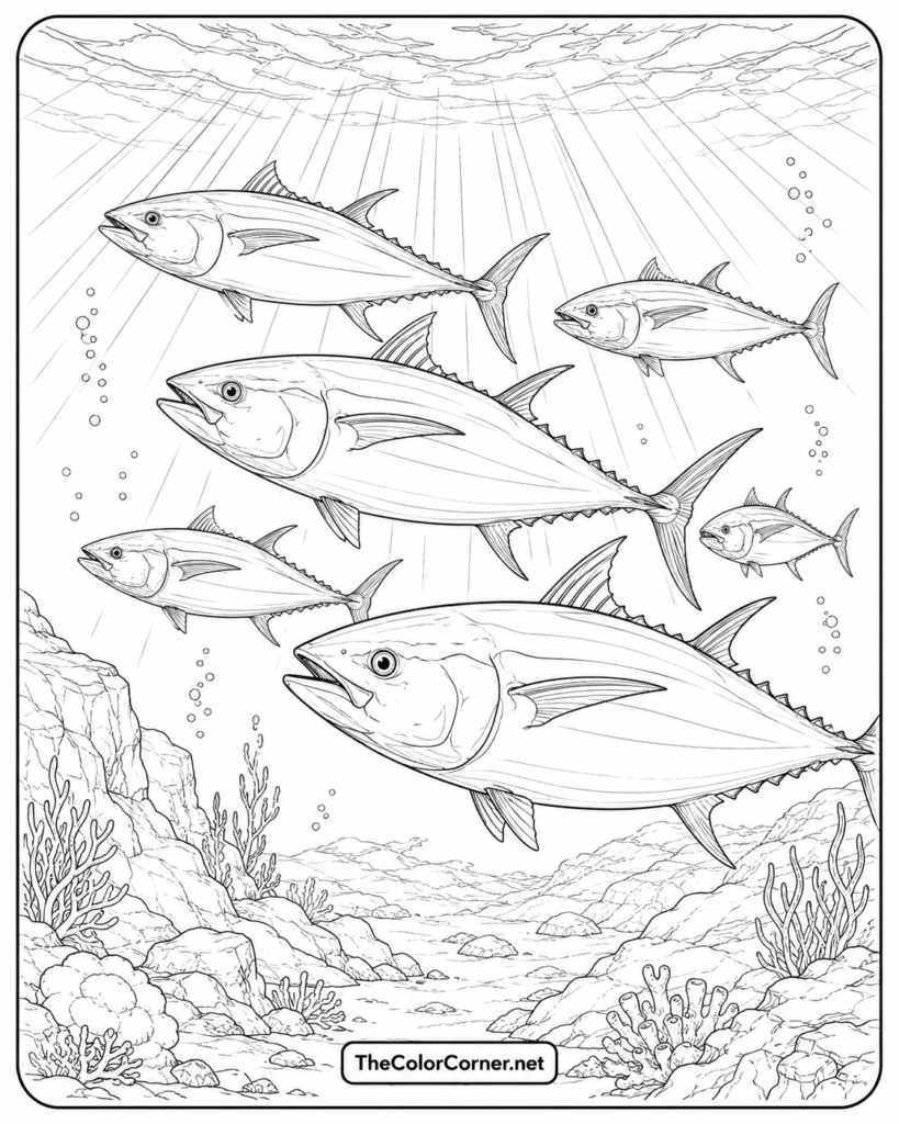 Tuna School Swimming In Formation
