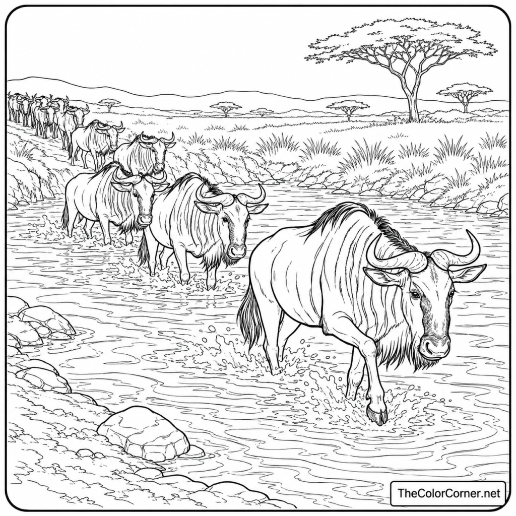 Wildebeest Herd Crossing A River
