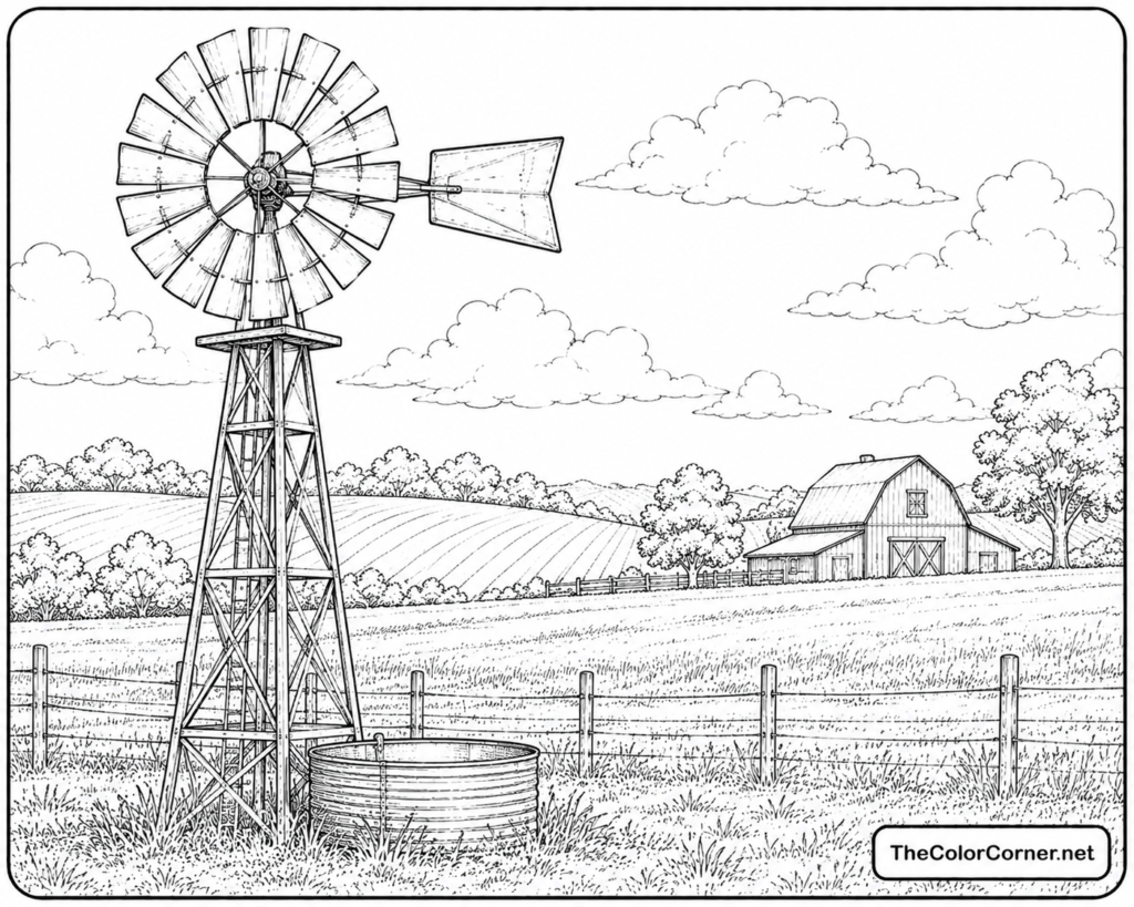 Windmill Turning Over A Farm Field