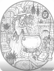 Witch Stirring A Bubbling Cauldron