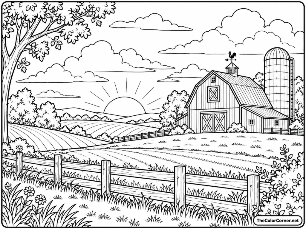 Barn And Silo At Sunset