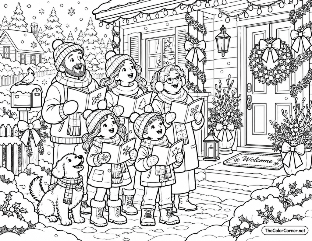Family Carolers Snowy Doorstep