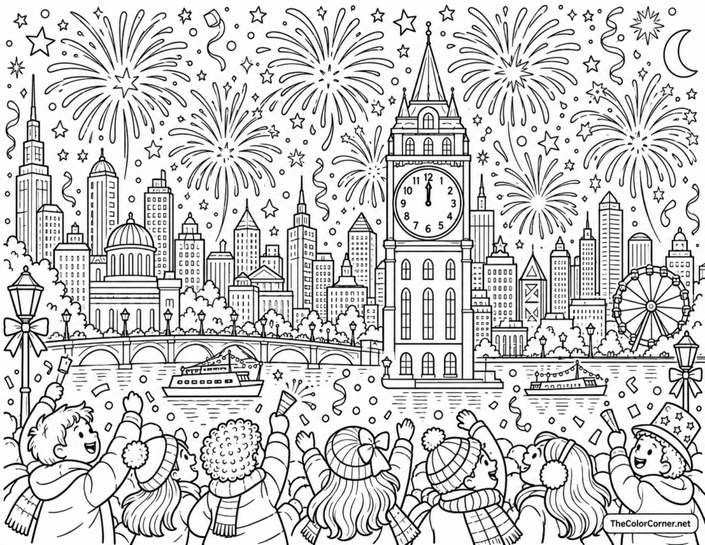 Fireworks Over City Skyline New Years Eve