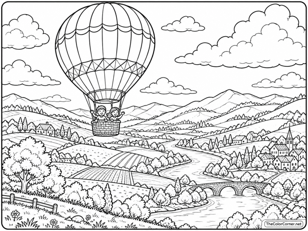 Hot Air Balloon Over A Valley