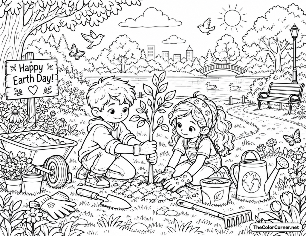 Kids Planting Tree Sapling Earth Day