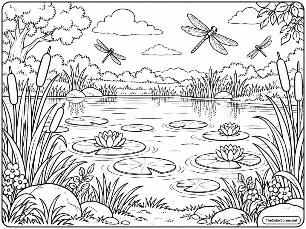 Pond With Lily Pads And Cattails