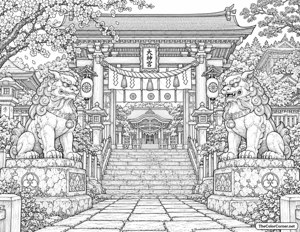 Stone Guardian Lion Dogs Shrine Gate