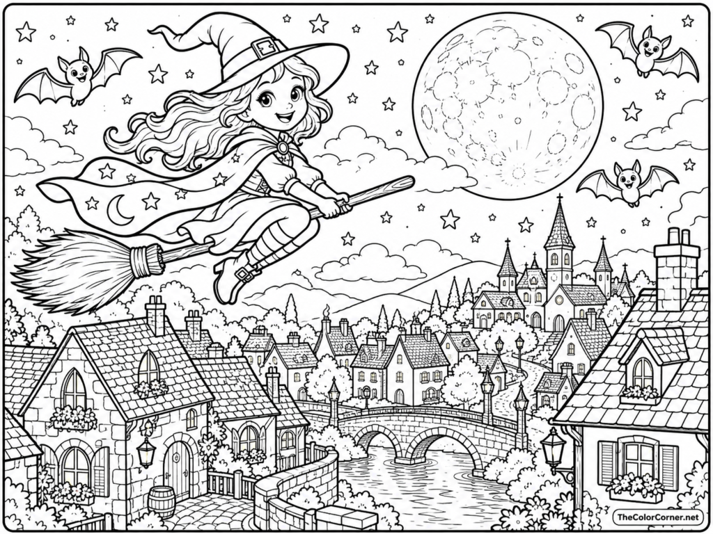 Witch Flying On A Broomstick Over A Village