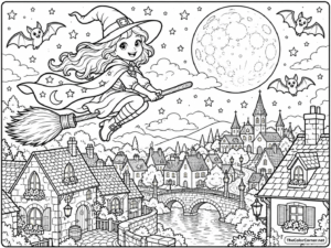 Witch Flying On A Broomstick Over A Village